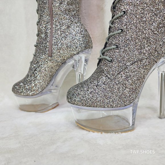 Bulls Silver Glitter Lace Up OTK Platform High Heel Thigh Boot - Picture 9 of 17